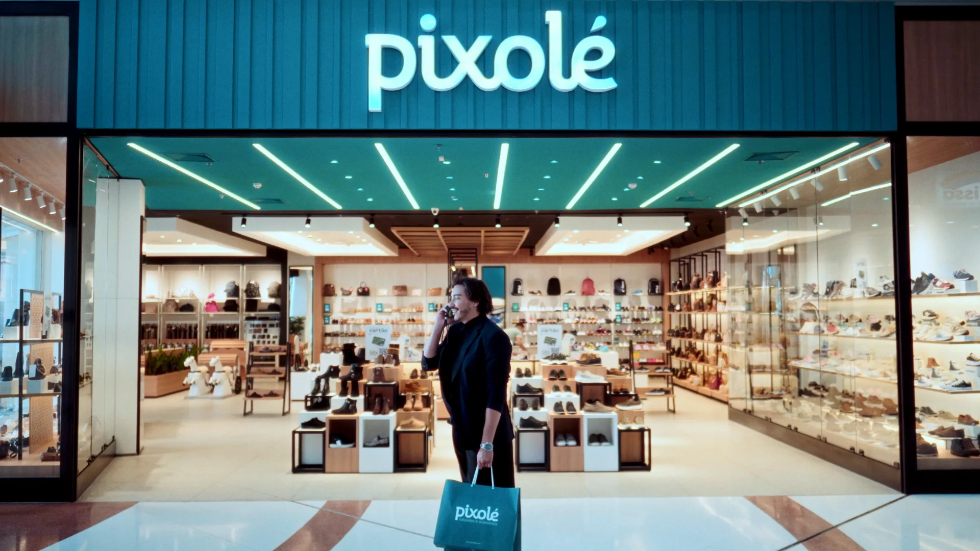 Pixolé 50 anos — fachada da loja com cliente